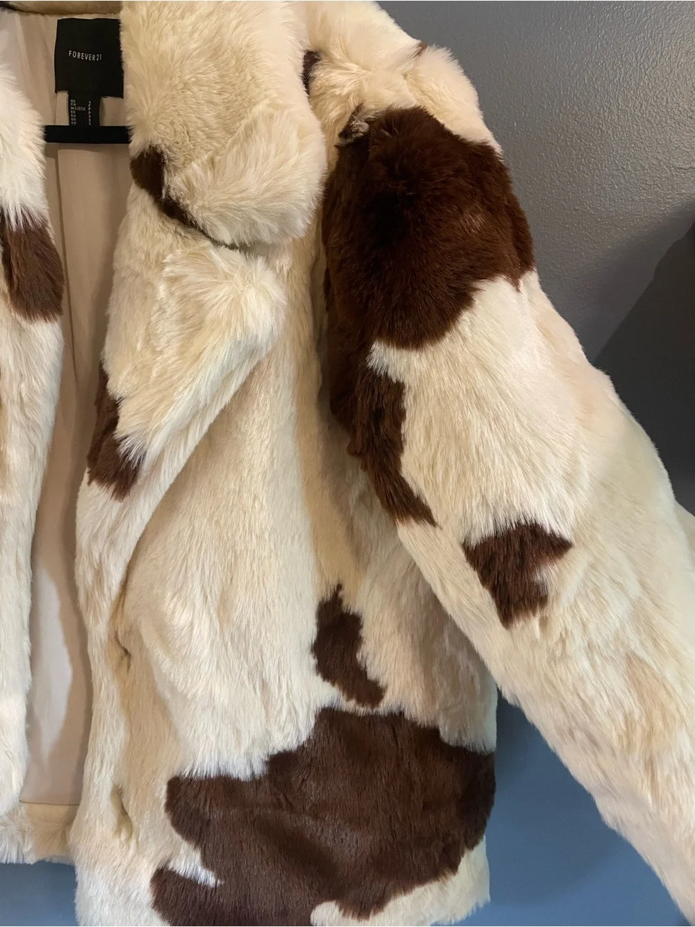 Forever 21 Cream & Brown Faux Fur Cow-Print Jacket